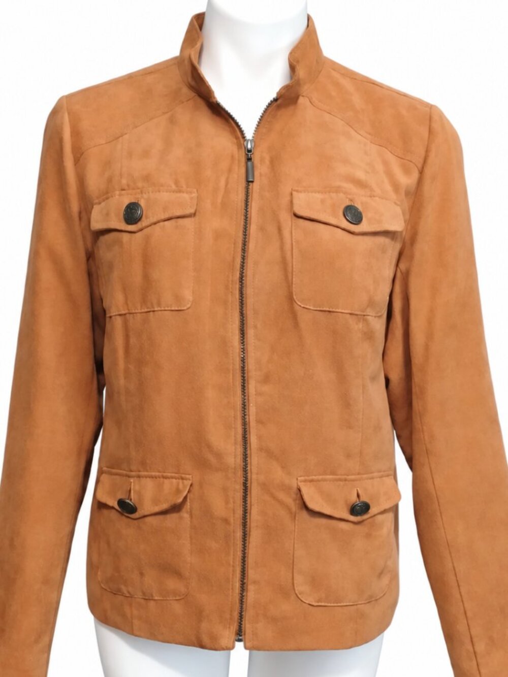 Size 10 Womens Tan Full-Zip Utility Jacket with Four Pockets Classic Lightweight